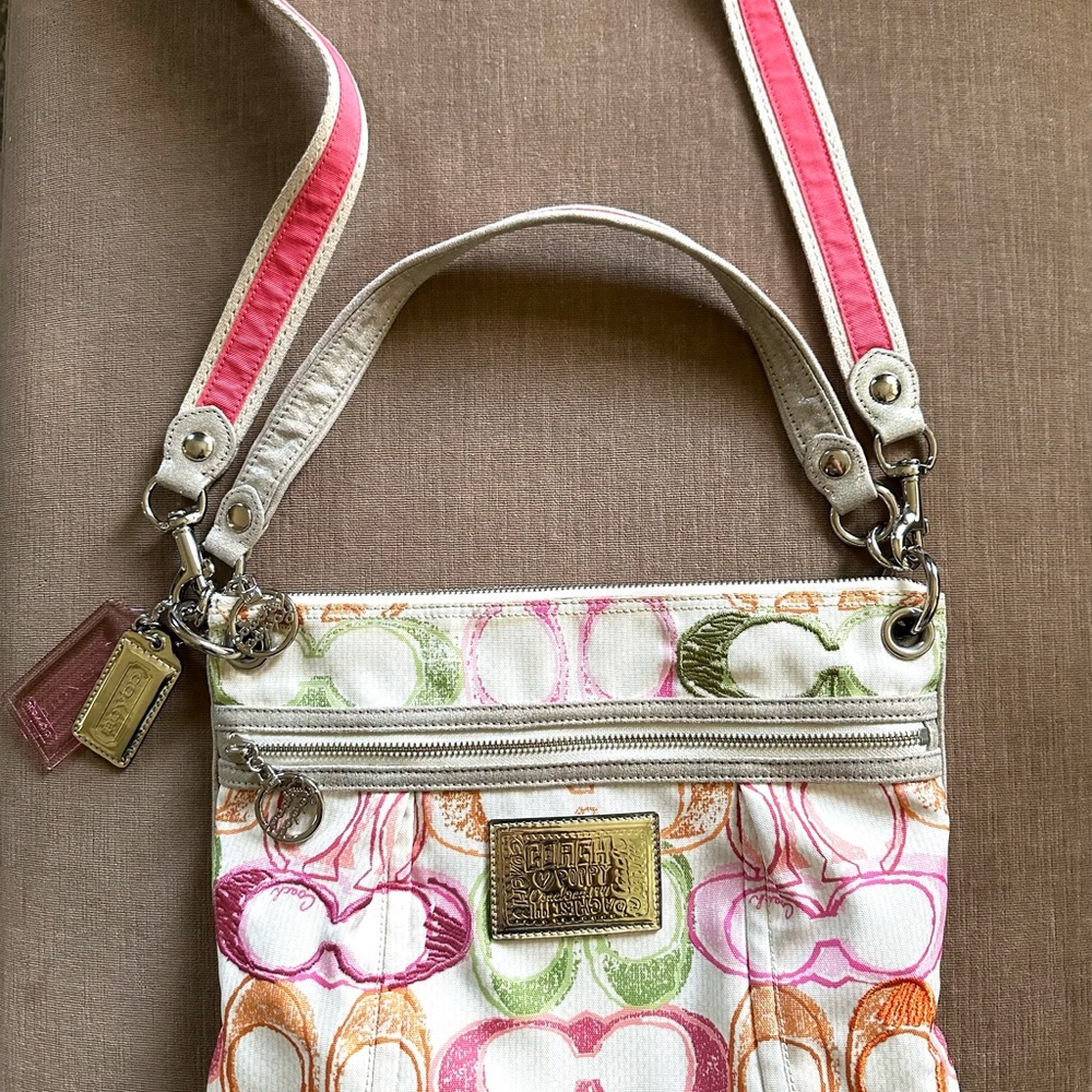 Coach Poppy Pink and Green Crossbody Bag Purse with Signature Design Logo